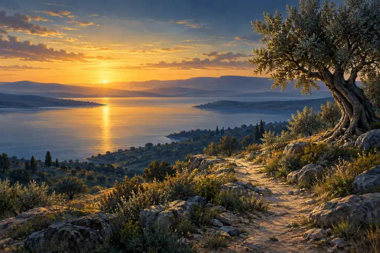 Ilustración de un lago entre montañas al amanecer
